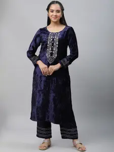 AURELIA Ethnic Motif Embroidered Round Neck Straight Kurta
