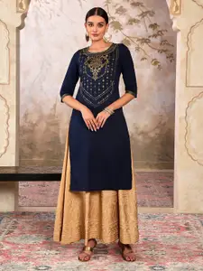 AURELIA Foil Printed Round Neck Skin Friendly & Soft Pure Cotton Straight Kurta