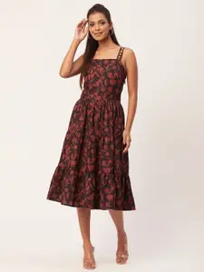 Moomaya Floral Printed Shoulder Straps Tiered Fit & Flare Midi Dress