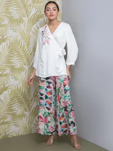 Rhe-Ana Embroidered Wrap Top With Palazzos