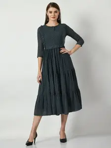 DressBerry Grey Self Designed Gathered Detailed Tiered Fit & Flare Midi Dress