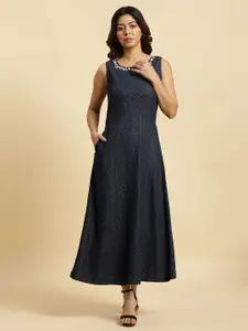 W Polka Dots Printed Sleeveless Cotton A-Line Dress