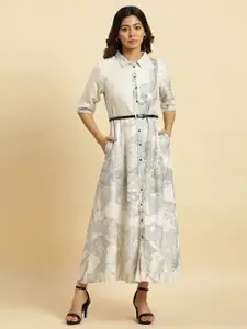 W Abstract Printed Belted Detailed Shirt Collar Shirt Style Dress