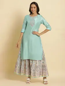 W Blue Ethnic Motifs Yoke Design Sequinned Kurta