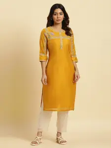 W Yellow Floral Embroidered Thread Work Kurta