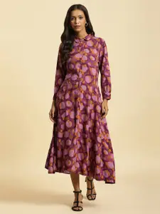 W Floral Printed Shirt Collar Cuffed Sleeves Shirt Style Dress