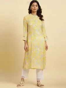 W Floral Printed Band Collar Sequinned Detailed Straight Kurta