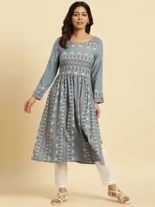 W Ethnic Motifs Printed Pleated A-Line Kurta