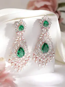 Rubans Golded Pleated American Diamond Studded Contemporary Drop Earrings
