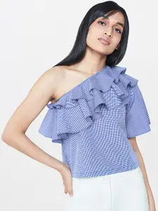 AND Women Blue Checked One-Shoulder Top