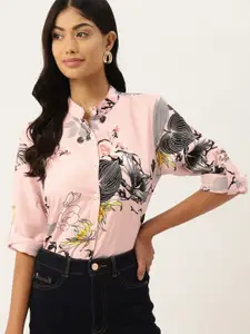 DressBerry Pink & Black Floral Printed Band Collar Casual Shirt