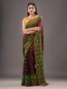 Mitera Brown & Green Ethnic Motif Woven Design Zari Silk Cotton Jamdani Saree