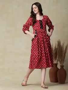 FASHOR Floral Printed Puff Sleeve Sequinned Cotton A-Line Midi Dress