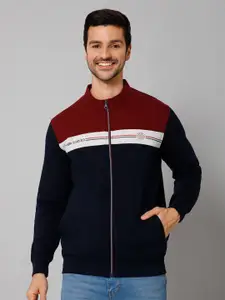 Cantabil Colourblocked Mock Collar Fleece Front Open Sweatshirt