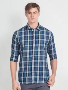 Flying Machine Men Blue Slim Fit Tartan Checks Opaque Checked Casual Shirt