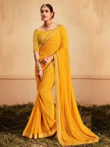 Anouk Yellow Bandhani Printed Zari Pure Georgette Leheriya Saree