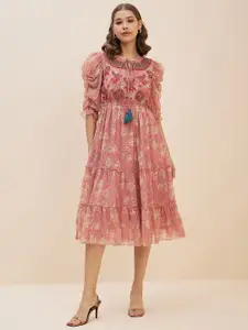 Antheaa Pink Ethnic Motifs Print Puff Sleeve Chiffon A-Line Midi Dress