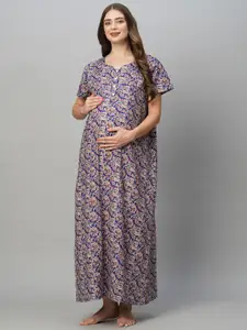 MomToBe Floral Printed Pure Cotton Maternity Maxi Nightdress