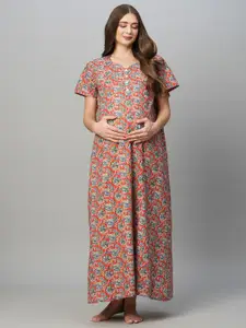 MomToBe Floral Printed Pure Cotton Maternity Nightdress