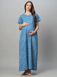 MomToBe Ethnic Motifs Printed Pure Cotton Maternity Maxi Nightdress