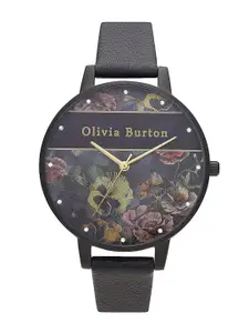 Olivia Burton Women Brass Embellished Dial & Black Leather Straps Analogue Watch OB16VS05