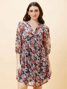 Globus Black Floral Printed V-Neck Puff Sleeve Fit & Flare Dress