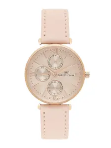 DARREN CLARK Women Pink Brass Embellished Dial & Beige Leather Straps Analogue Automatic Motion Powered Watch