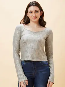 Globus Gold-Toned Sweetheart Neck Knitted Raglan Sleeves Top