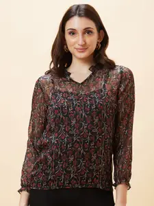 Globus Floral Print V-Neck Cuffed Sleeves Top With Inner