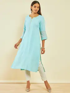 Soch Striped Notched Neck Thread Work Straight Kurta