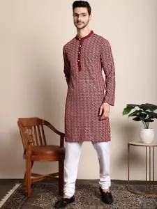Anouk Men Maroon Floral Embroidered Chikankari Kurta with Pyjamas