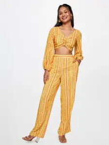 Global Desi Ethnic Motif Printed V-Neck Ruched Cut-Outs Casual Top with Trousers