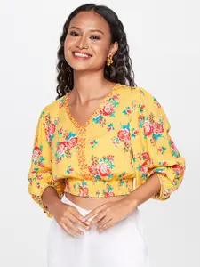 Global Desi Floral Printed Puff Sleeves Crop Blouson Top