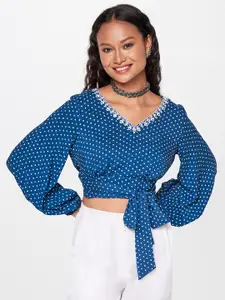 Global Desi Conversational Printed Puff Sleeves Waist Tie-Ups Crop Top