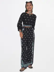 Global Desi Printed Crop Top With Trousers