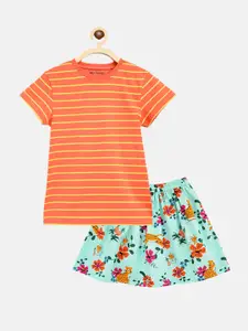 Campana Girls Striped Cotton T-shirt With Floral Skirt