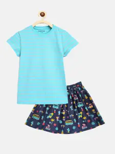 Campana Girls Cotton Striped T-shirt With Floral Skirt