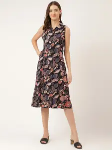 Divena Floral Printed Spread Collar Sleeveless Tie-Ups Detail A-Line Midi Dress