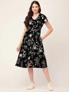 Moomaya Floral Printed V-Neck A-Line Midi Dress