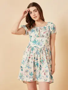 Marie Claire Cream-Coloured & Blue Floral Printed Smocked Fit & Flare Dress
