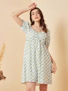 Marie Claire White & Blue Floral Printed Puff Sleeves A-Line Dress