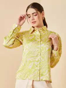 Marie Claire Abstract Printed Puff Sleeve Satin Casual Shirt