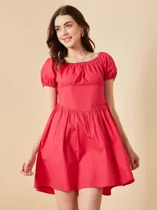 RARE Magenta Off-Shoulder Puff Sleeve Cotton A-Line Dress