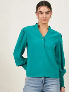 Carlton London Mandarin Collar Cuffed Sleeves Smocked Shirt Style Top