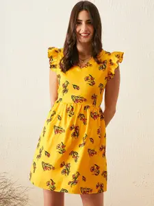 RARE Floral Print Flutter Sleeve Crepe Fit & Flare Dress