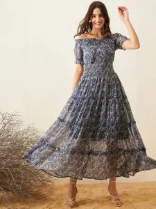 RARE Floral Print Off-Shoulder Puff Sleeve Chiffon Fit & Flare Maxi Dress