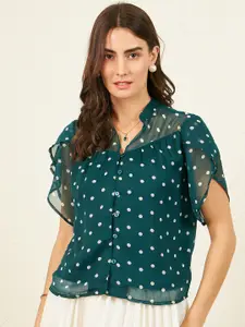 RARE Polka Dots Printed Mandarin Collar Flutter Sleeve Shirt Style Top