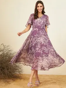 RARE Floral Print Flared Sleeve Chiffon Fit & Flare Midi Dress