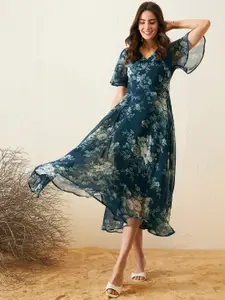RARE Floral Print Flared Sleeve Chiffon Fit & Flare Midi Dress