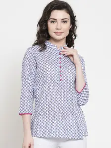 Purple State Geometric Printed Mandarin Collar Cotton Shirt Style Top